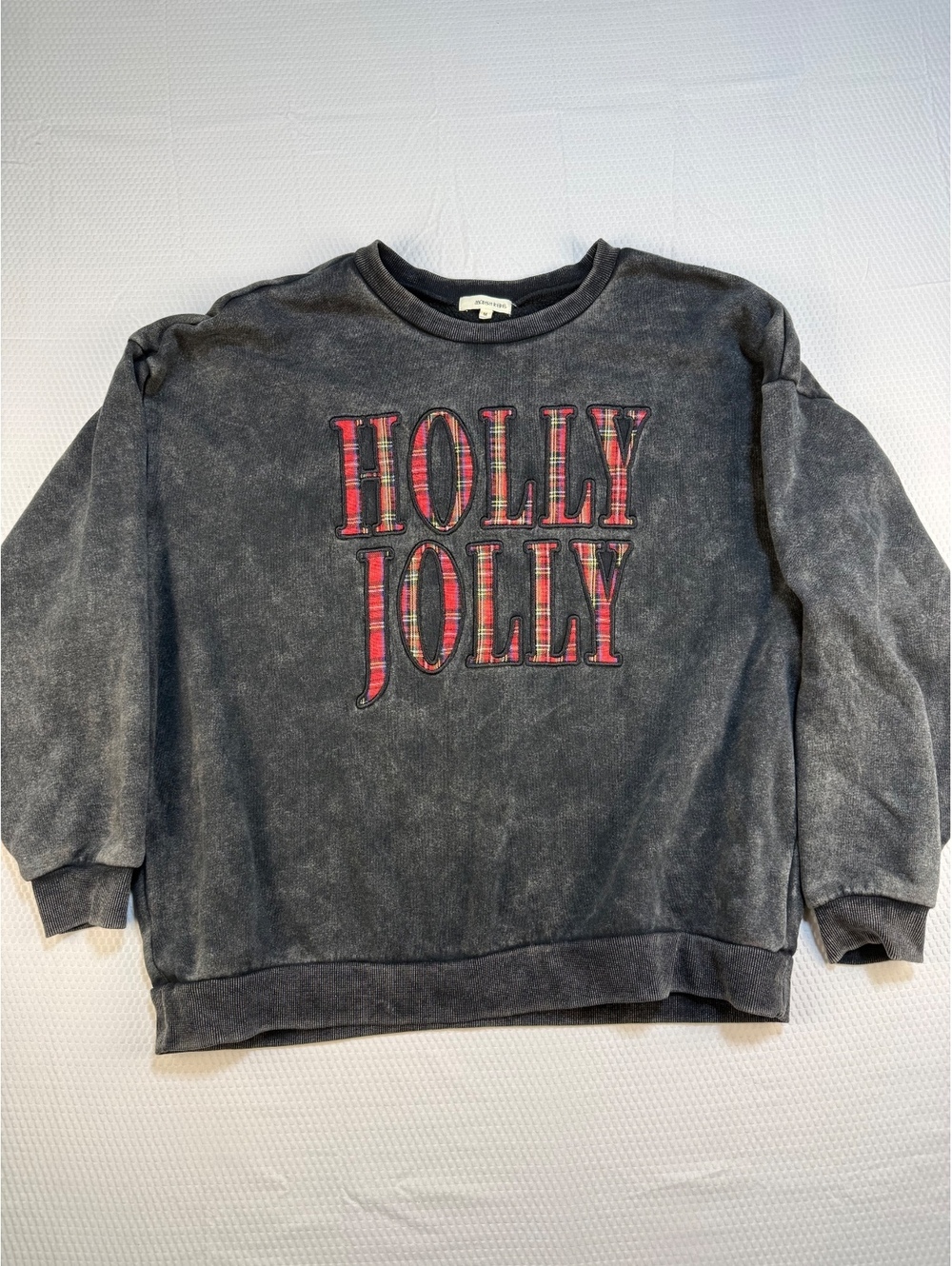 Modish Rebel Buckle Holly Jolly Oversized Sweatshirt M/L Plaid Washed Black
